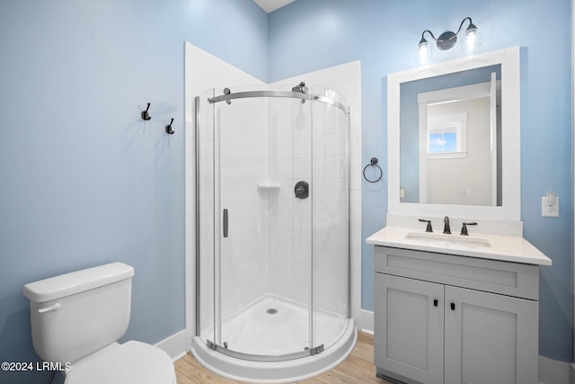 bathroom featuring an enclosed shower, vanity, and toilet