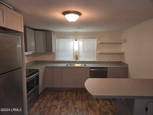 kitchen featuring stainless steel appliances, dark hardwood / wood-style floors, sink, and a textured ceiling