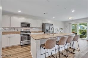 kitchen featuring stainless steel appliances, white cabinetry, a breakfast bar area, and an island with sink