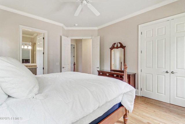 45 Manchester Ct, Bluffton, SC 29910 - bedroom with crown molding, light wood finished floors, ensuite bath, and a ceiling fan
