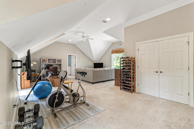 45 Manchester Ct, Bluffton, SC 29910 - exercise area featuring carpet, lofted ceiling, ceiling fan, and recessed lighting