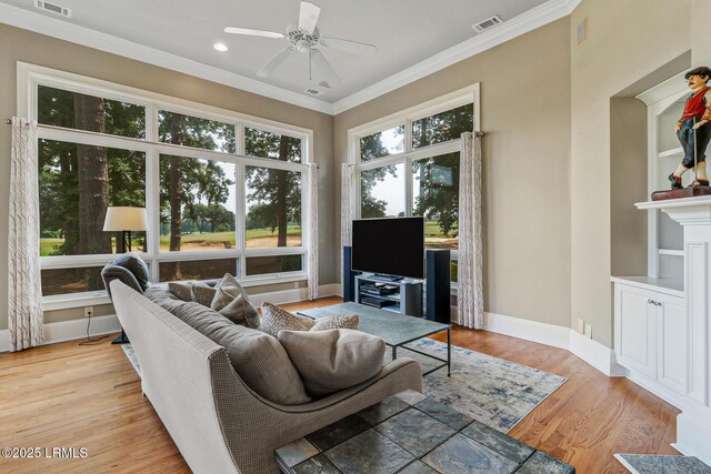 45 Manchester Ct, Bluffton, SC 29910 - living area featuring a ceiling fan, ornamental molding, light wood-style flooring, baseboards, and recessed lighting