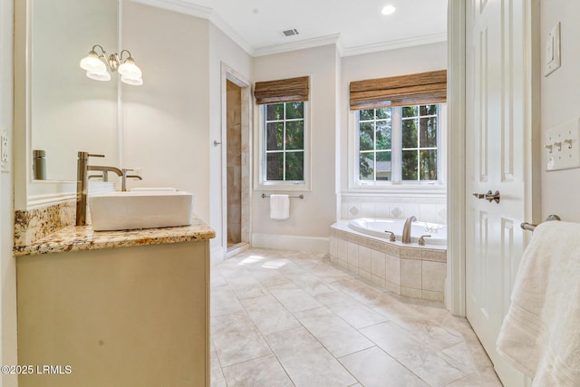 45 Manchester Ct, Bluffton, SC 29910 - full bath featuring vanity, crown molding, a bath, a stall shower, and a chandelier