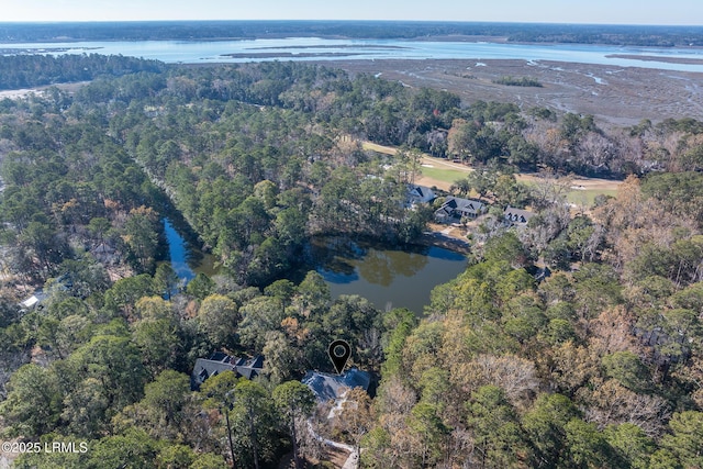 drone / aerial view featuring a water view