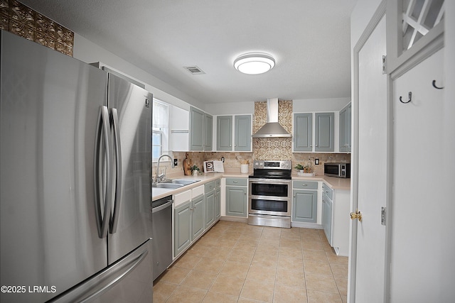 kitchen featuring light tile patterned flooring, sink, gray cabinets, stainless steel appliances, and wall chimney range hood