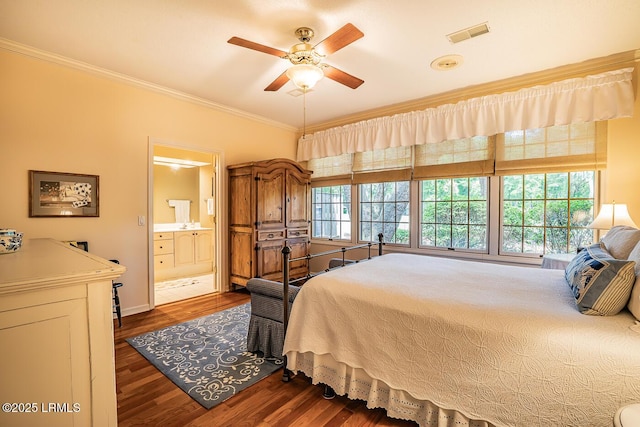 459 Bb Sams Dr, Saint Helena Island, SC 29920 - bedroom featuring ornamental molding, dark wood-style flooring, ensuite bath, and visible vents
