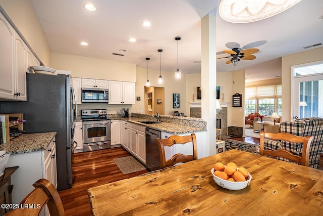 459 Bb Sams Dr, Saint Helena Island, SC 29920 - kitchen featuring a sink, stainless steel appliances, a ceiling fan, white cabinets, and dark wood finished floors