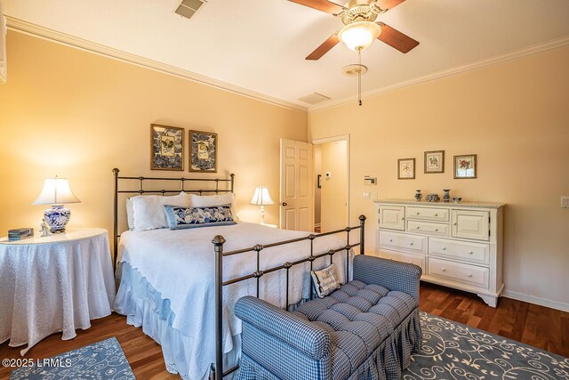 459 Bb Sams Dr, Saint Helena Island, SC 29920 - bedroom with ceiling fan, visible vents, baseboards, ornamental molding, and wood finished floors