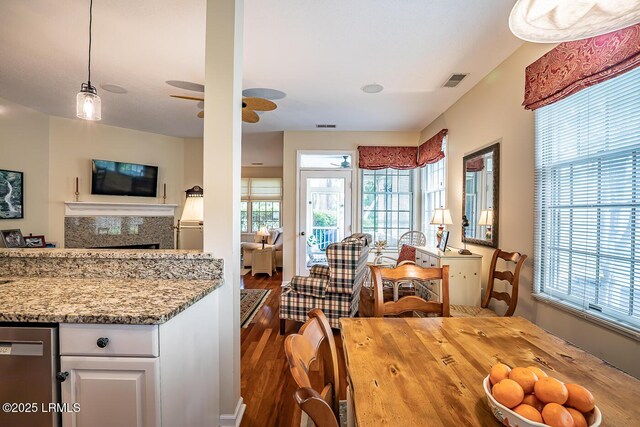 459 Bb Sams Dr, Saint Helena Island, SC 29920 - dining space featuring a ceiling fan, visible vents, wood finished floors, and a fireplace