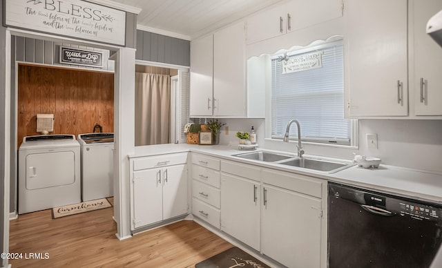 kitchen featuring white cabinetry, sink, washer and clothes dryer, and dishwasher