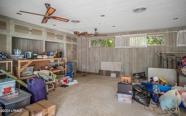 storage area featuring ceiling fan