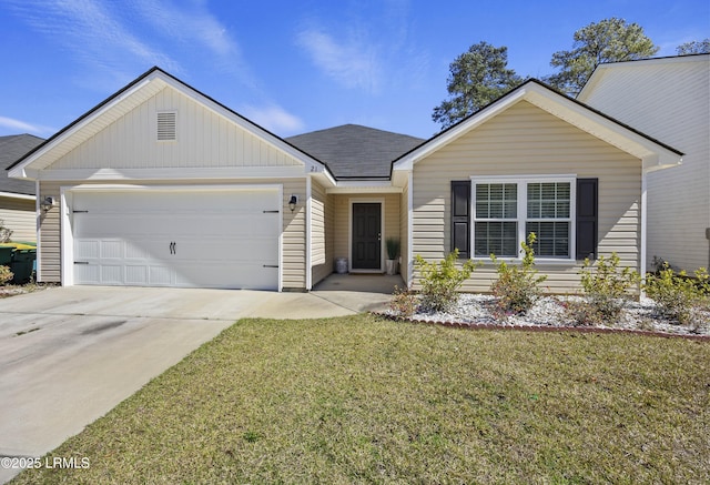 single story home featuring an attached garage, driveway, and a front yard