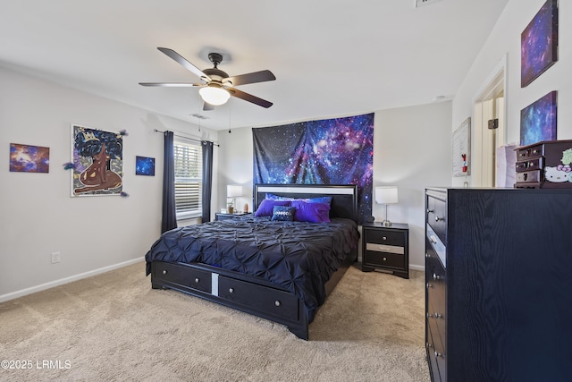 bedroom with visible vents, ceiling fan, baseboards, and carpet floors