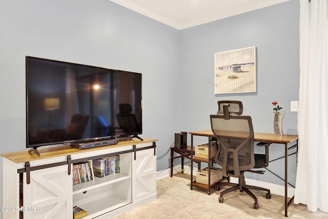 office space with ornamental molding and light tile patterned floors