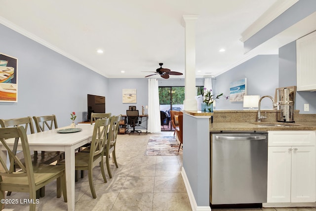 kitchen featuring dishwasher, light stone countertops, sink, and white cabinets