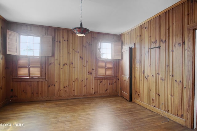 empty room featuring wooden walls and light wood-type flooring