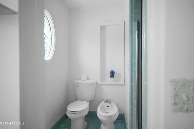 bathroom featuring an enclosed shower, a bidet, tile patterned floors, and toilet