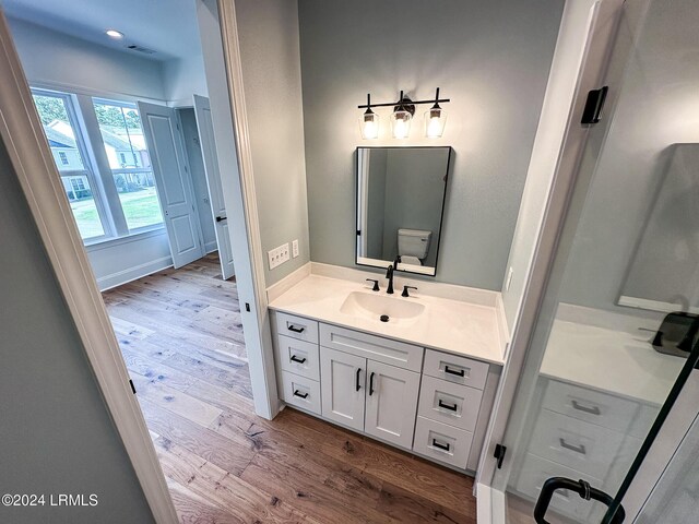 bathroom with wood-type flooring, toilet, and vanity