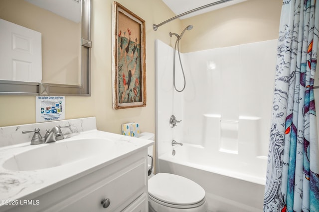 full bathroom with toilet, vanity, and shower / tub combo with curtain
