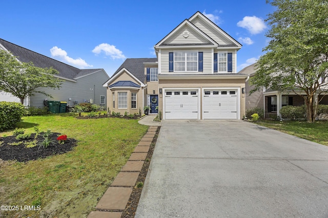 traditional home featuring a front yard, a garage, and concrete driveway