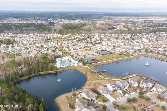 aerial view featuring a water view and a residential view