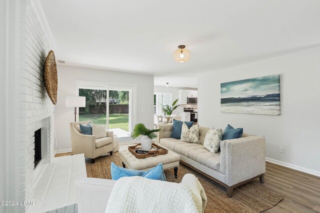 living room featuring a fireplace and wood-type flooring