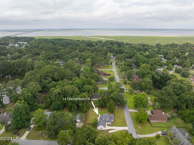 aerial view featuring a water view