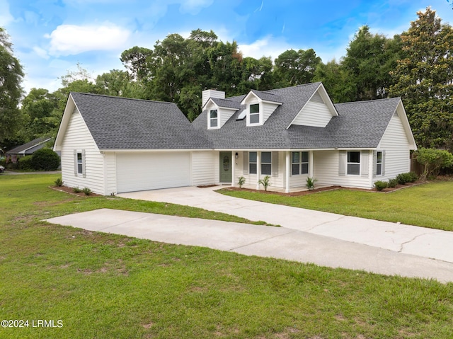 cape cod house featuring a garage and a front lawn