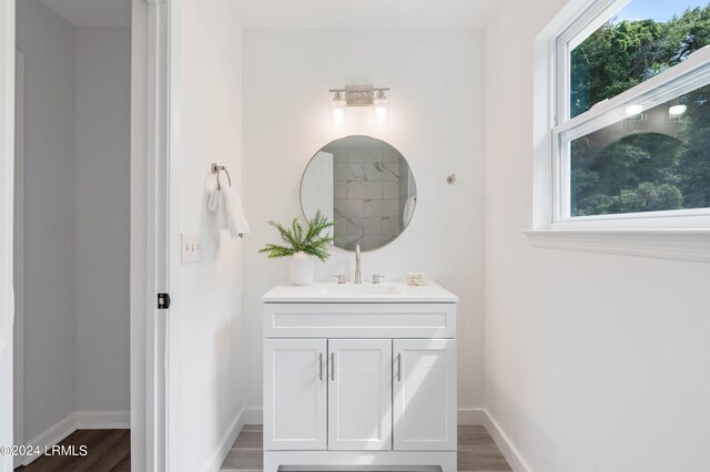 bathroom featuring vanity, hardwood / wood-style floors, and a healthy amount of sunlight