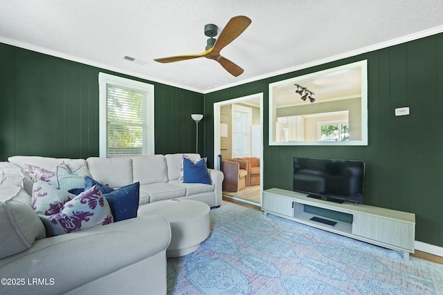 174 James St, Beaufort, SC 29902 - living room featuring plenty of natural light, ornamental molding, a ceiling fan, and a textured ceiling
