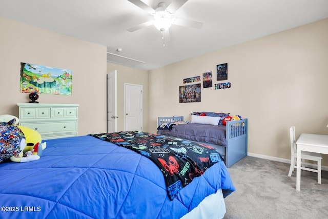 bedroom featuring carpet flooring, ceiling fan, and baseboards