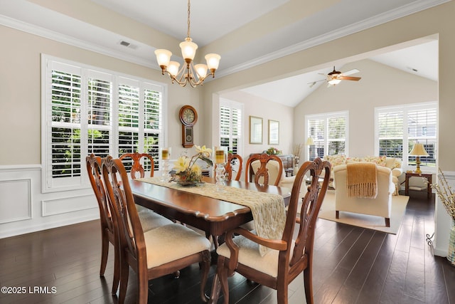 dining space featuring visible vents, plenty of natural light, and dark wood-style floors