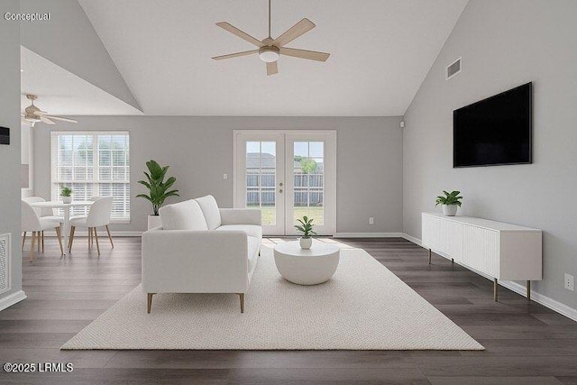 living room with a ceiling fan, plenty of natural light, dark wood-style flooring, and high vaulted ceiling