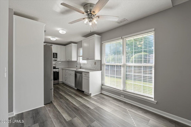 kitchen featuring appliances with stainless steel finishes, a sink, ceiling fan, light countertops, and tasteful backsplash