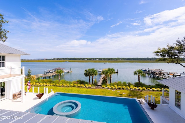 70 Brams Point Rd, Hilton Head Island, SC 29926 - view of swimming pool with a water view, a dock, a pool with connected hot tub, and a patio area