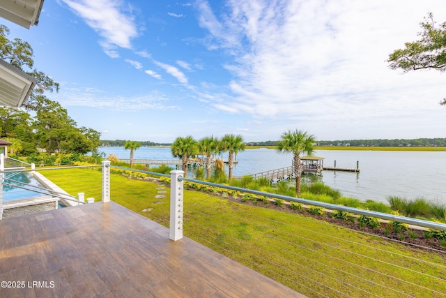 70 Brams Point Rd, Hilton Head Island, SC 29926 - deck featuring a water view, a boat dock, and a yard