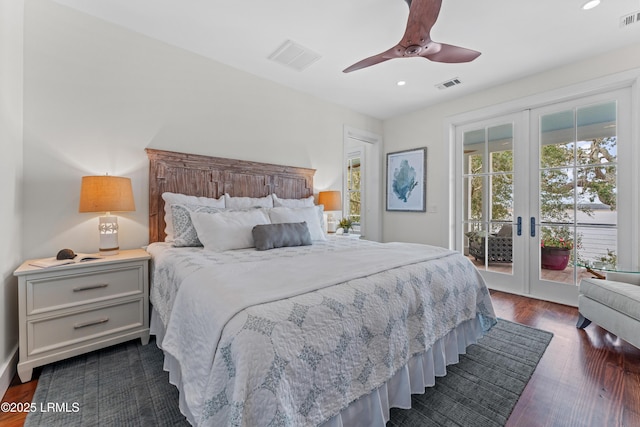 70 Brams Point Rd, Hilton Head Island, SC 29926 - bedroom with french doors, access to outside, dark wood-type flooring, recessed lighting, and ceiling fan