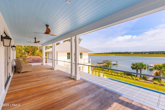 70 Brams Point Rd, Hilton Head Island, SC 29926 - wooden terrace featuring a water view and ceiling fan