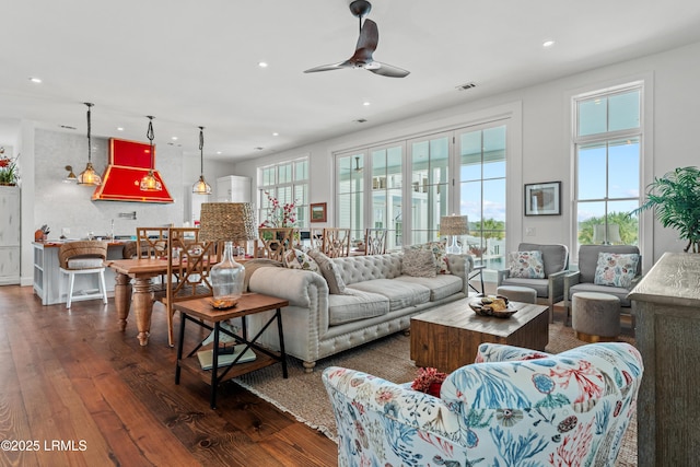 70 Brams Point Rd, Hilton Head Island, SC 29926 - living room featuring recessed lighting, dark wood-style floors, and a ceiling fan