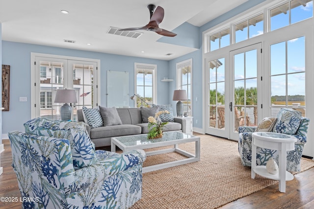 70 Brams Point Rd, Hilton Head Island, SC 29926 - living area featuring french doors, ceiling fan, wood finished floors, baseboards, and recessed lighting
