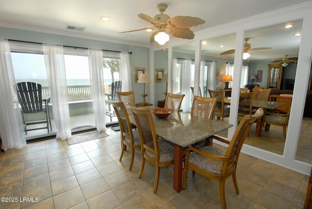dining space featuring visible vents, ornamental molding, ceiling fan, and recessed lighting