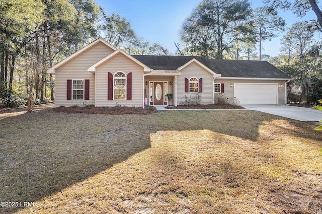 ranch-style home featuring a garage and a front yard