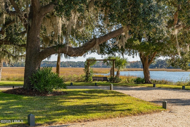 view of home's community with a water view and a lawn