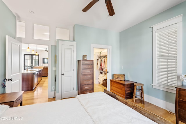 bedroom with ceiling fan, a sink, a walk in closet, light wood-style floors, and a closet