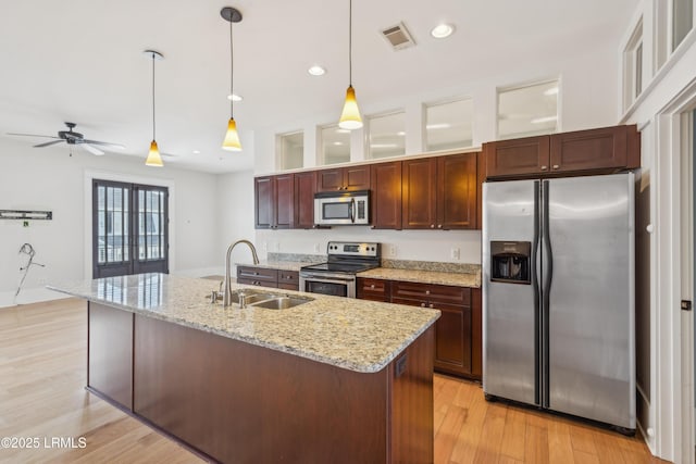 6 Abbey Row Unit 2A, Beaufort, SC 29906 - kitchen with pendant lighting, ceiling fan, a sink, a center island with sink, and stainless steel appliances