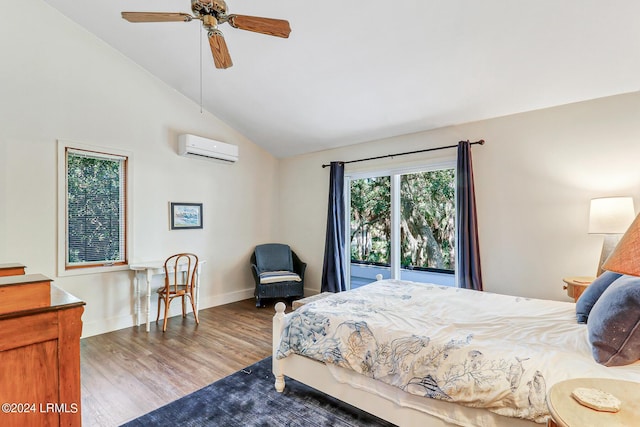 bedroom featuring lofted ceiling, ceiling fan, access to exterior, a wall mounted air conditioner, and wood-type flooring