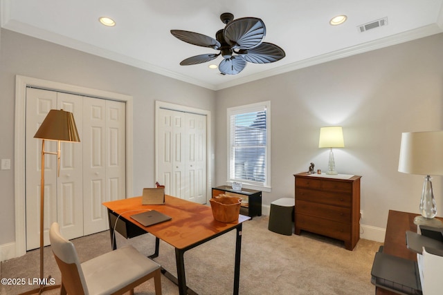 office with ornamental molding, light colored carpet, and ceiling fan