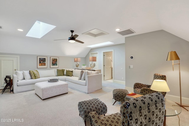 living room with lofted ceiling, light carpet, and ceiling fan