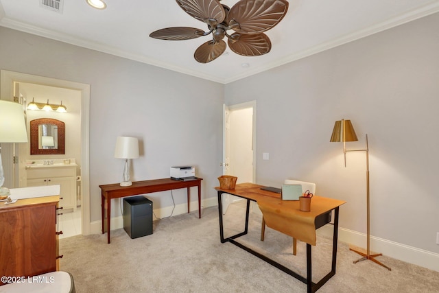 office with ceiling fan, light colored carpet, and ornamental molding