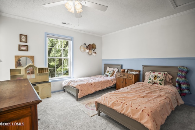 5 Summer Field Ct, Beaufort, SC 29907 - bedroom featuring light carpet, crown molding, a textured ceiling, and a ceiling fan